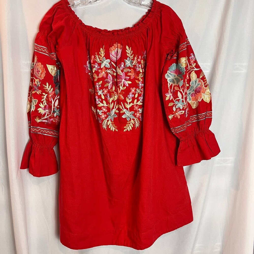 Women's Red Embroidered Off shoulder Long slv Free People Tunic/Dress Size S